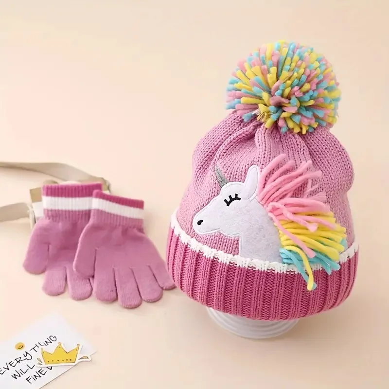 

Colorful Kids Hat Gloves Set Winter Cute Cartoon Unicorn Pompom Beanies Winter Girls Warm Cap Knitted Baby Animal Crochet Bonnet