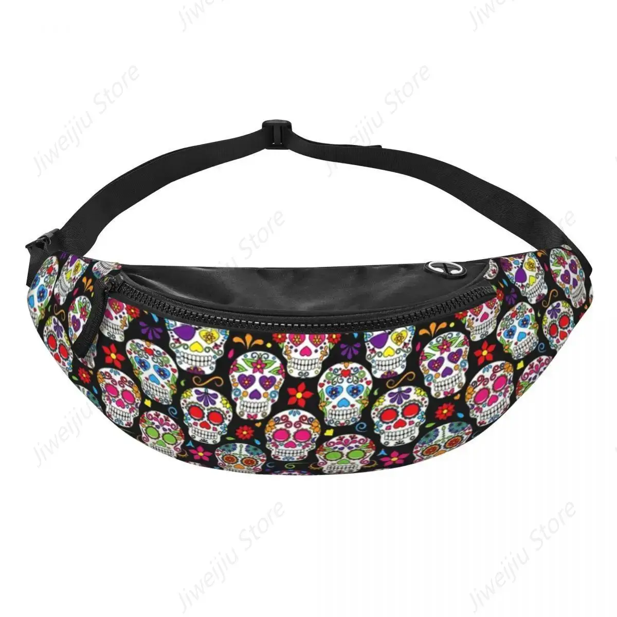 Custom Brightly Colored Sugar Skulls Fanny Pack for Women Men Cool Flower Crossbody Waist Bag Travel Hiking Phone Money Pouch