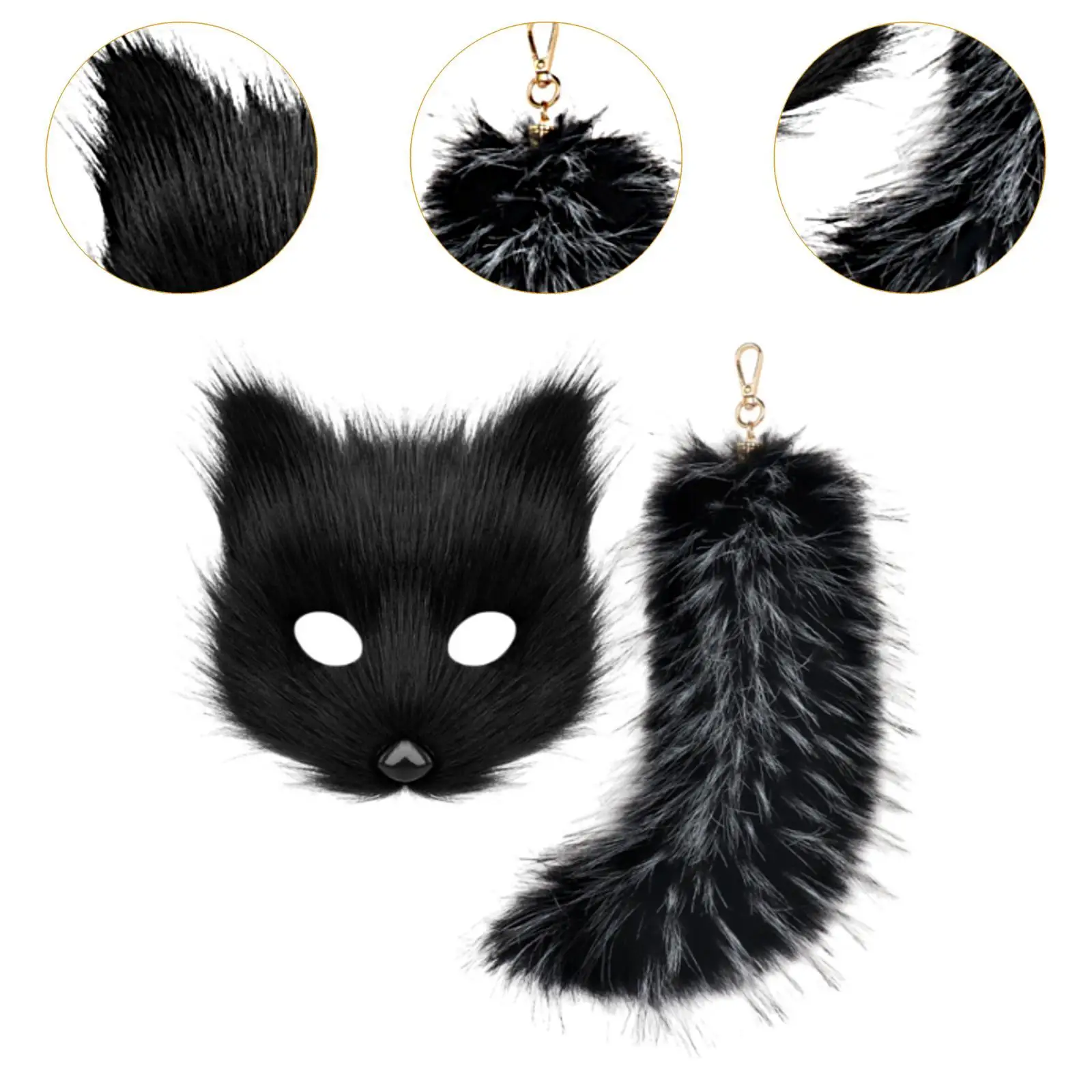 Conjunto de máscara e cauda therian, máscara de gato, dramatização, festa, chaveiro de cauda peluda para mulheres, cauda longa de 10 ", fantasia de halloween, máscara de animal