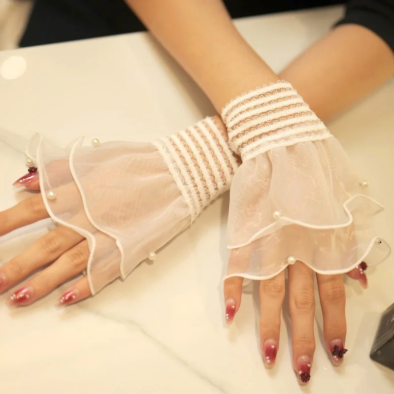 Fashion Lace Fake Sleeves DIY Detachable Cuffs Elastic Wild Wrist Pleated Lolita Style Fake Sleeves Cuff Extension