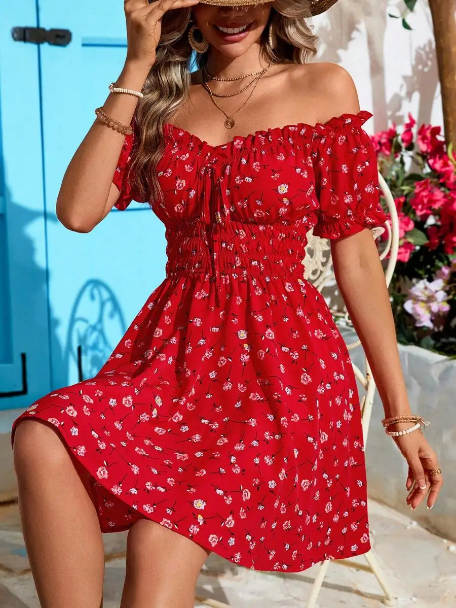 

Red Floral Off Shoulder Ruffle Dress High Waist Summer Beach Vacation Dress