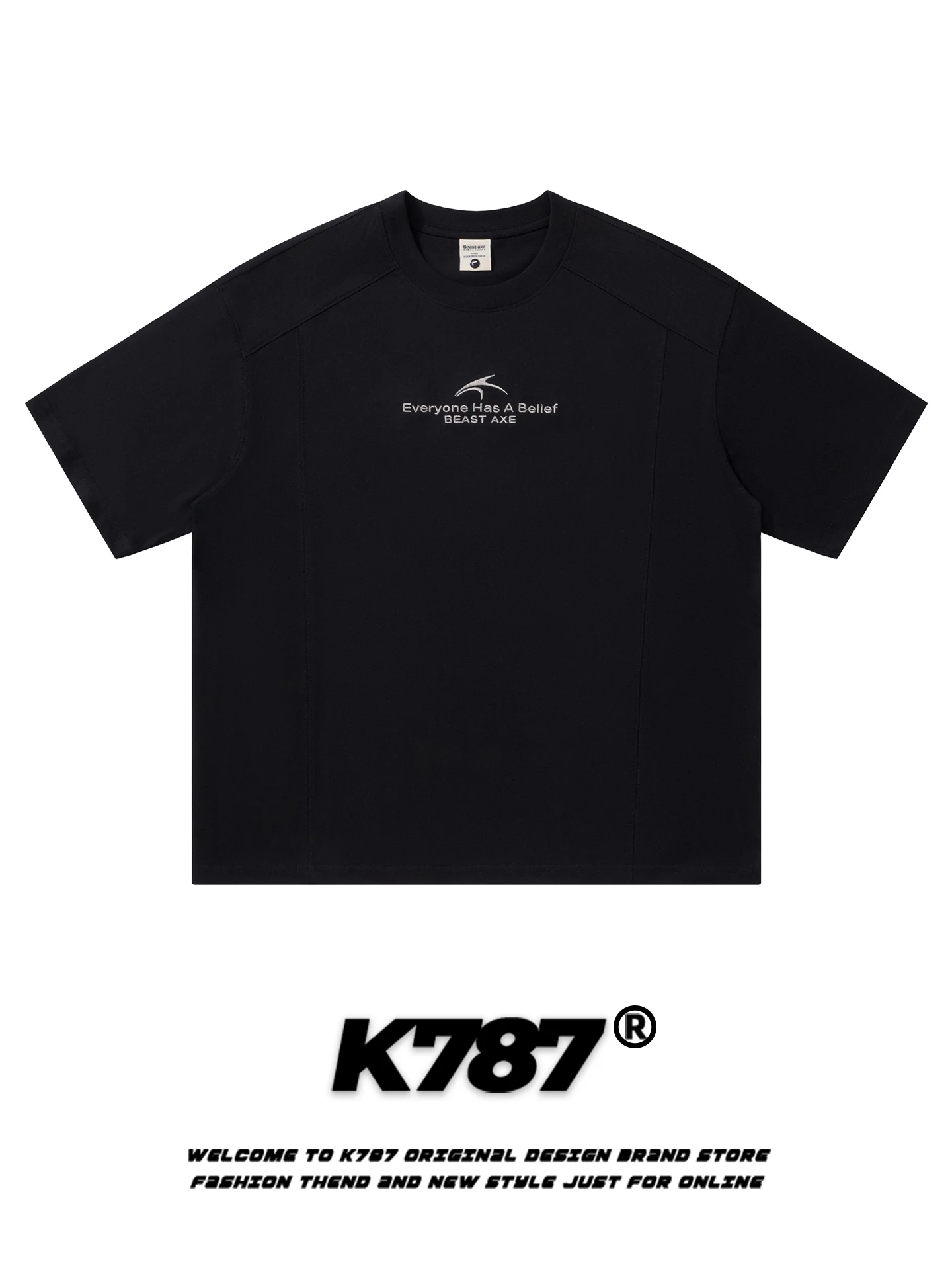 K787 American Retro Letter Embroidery Oversized Crew Neck Short Sleeve T-Shirt Unisex Street Style Trendy Brand Couple Top