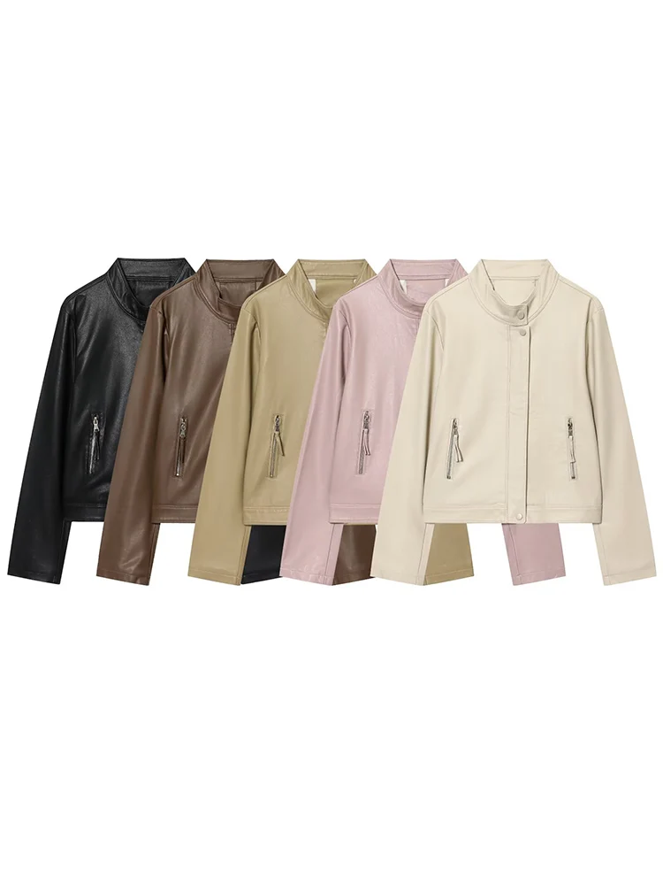 

Новая женская модная универсальная однотонная однотонная кожаная куртка в европейском стиле с длинными рукавами и двойной молнией с воротником-стойкой