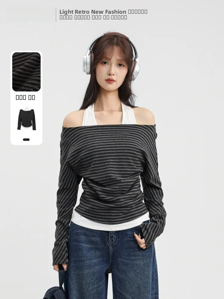 

Модный вязаный топ с открытыми плечами, приталенный, с длинными рукавами, в полоску, для женщин, осенняя новинка...