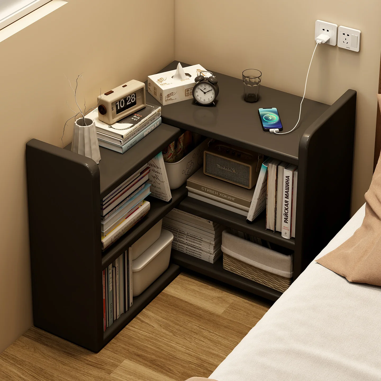 

Угловая книжная полка из цельного дерева, напольная полка, бытовая прикроватная тумбочка для спальни, настенная полка для хранения, простой угловой книжный шкаф