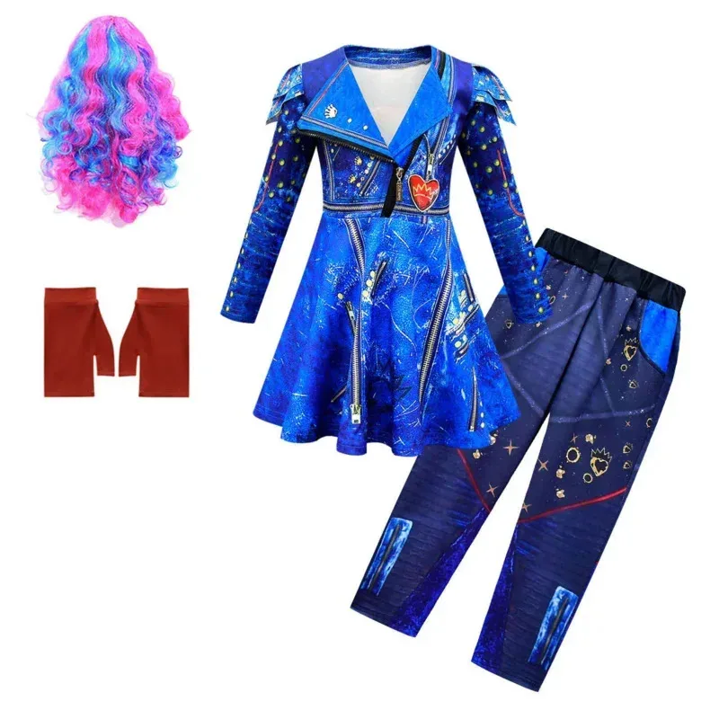 Crianças traje de halloween para meninas evie mal descendentes 3 trajes cosplay com peruca natal carnaval festa vestido calças conjunto h4323