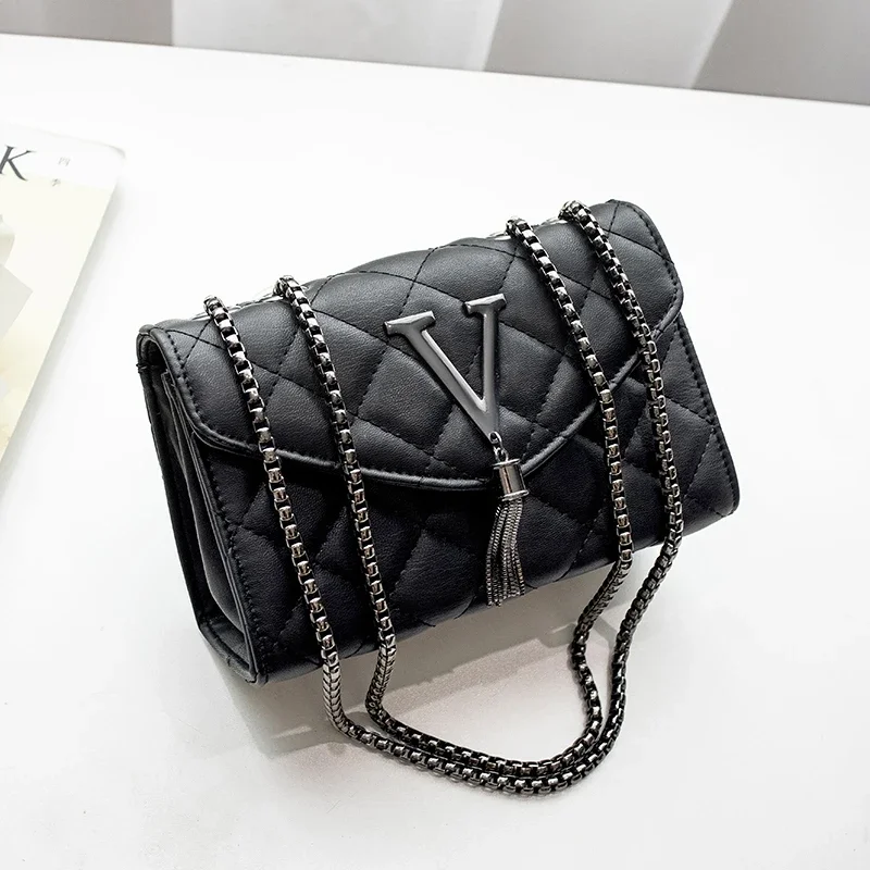 Black  Handbags And Purse Women PU Leather Messenger Shoulder Bag Plaid Female Crossbody Bag Tassel Quilted  Brand