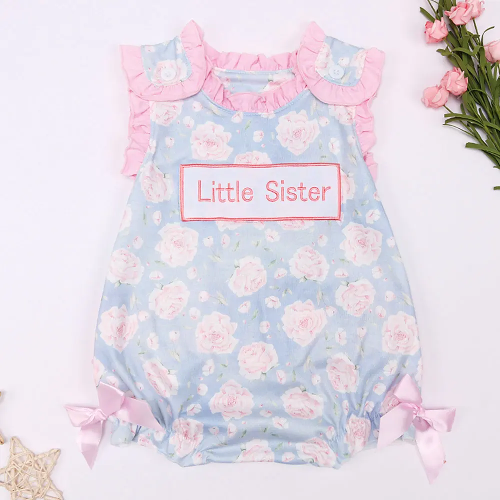 

New Born 0-3T Bubble Bow Romper Babi Girls Clothes Little Sister Embroidered Bodysuit Pink Lace Outfit Shorts Sleeve One Piece