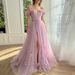 Lavender Tulle Prom Dresses Off the Shoulder Party Gowns Sweetheart Neck Customized A-Line Evening Dress Flowers فساتين السهرة