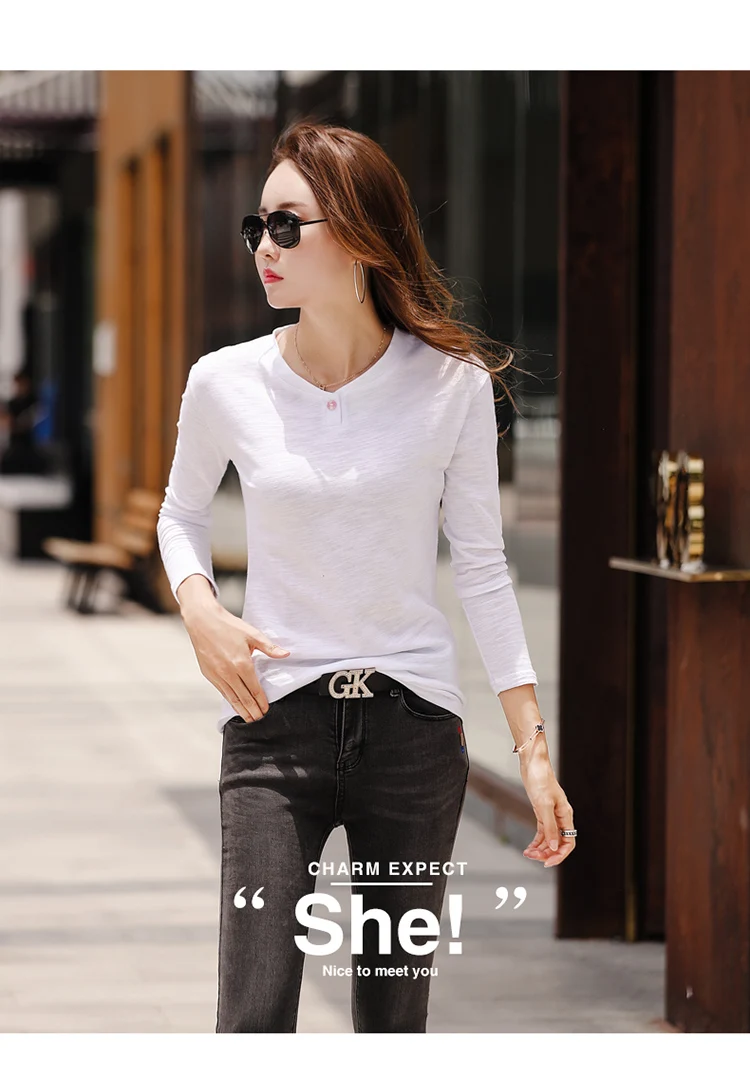 2026 Langarm Frühling Damen Slub-Baumwoll-T-Shirts mit Knöpfen, grüner V-Ausschnitt, einfarbiges T-Shirt, kaffeefarben, koreanische weiche, lockere Oberteile – Detail 21