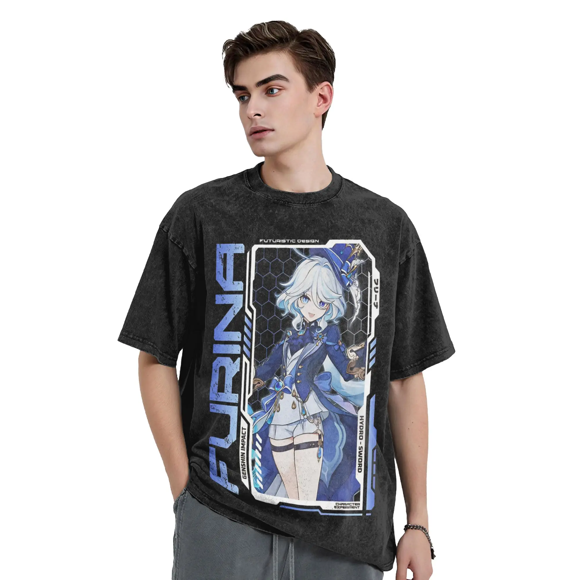 Washed T Shirts Furina Hip Hop Vintage T-Shirts Harajuku Genshin Impact Game Streetwear 100% Cotton Printed Tops Tees Men Women