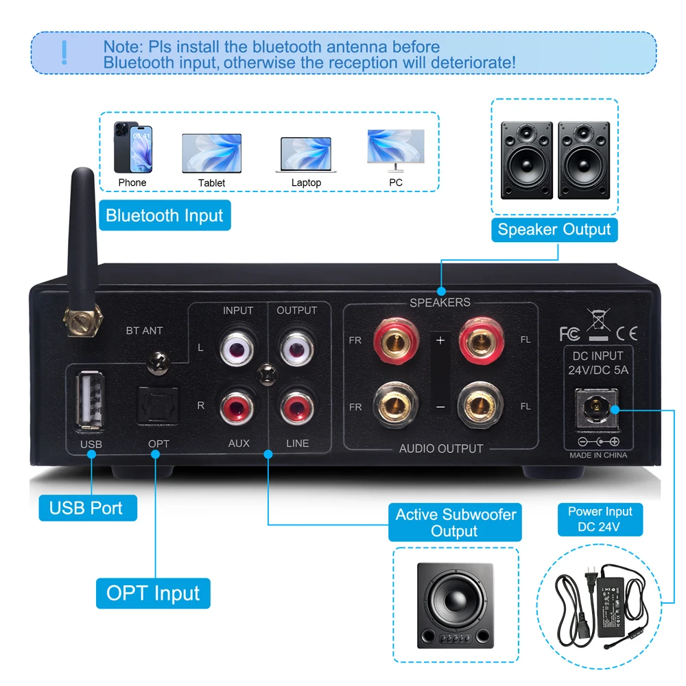 Woopker Soundverstärker AK-3116 Audiophile Digitaler Leistungsverstärker 2PCS TPA3116 Chip Bluetooth5.3 Kanal 2.0 Max. Leistung 100W×2