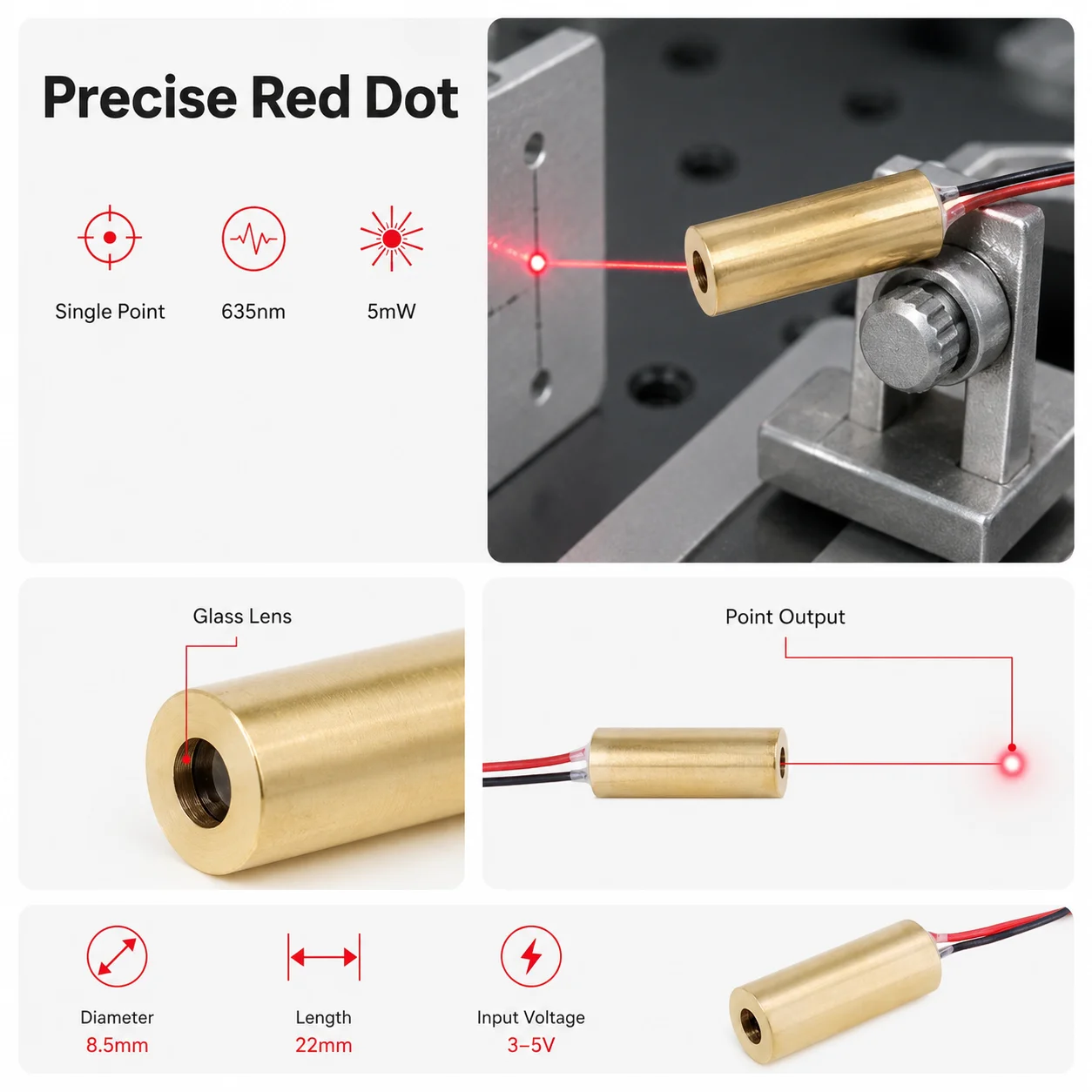 ZhonNa 635nm 5mW Red Laser Module Single Point Optical Locator Aiming Glass Lens Professional Lighting Indicator Light 3-5V