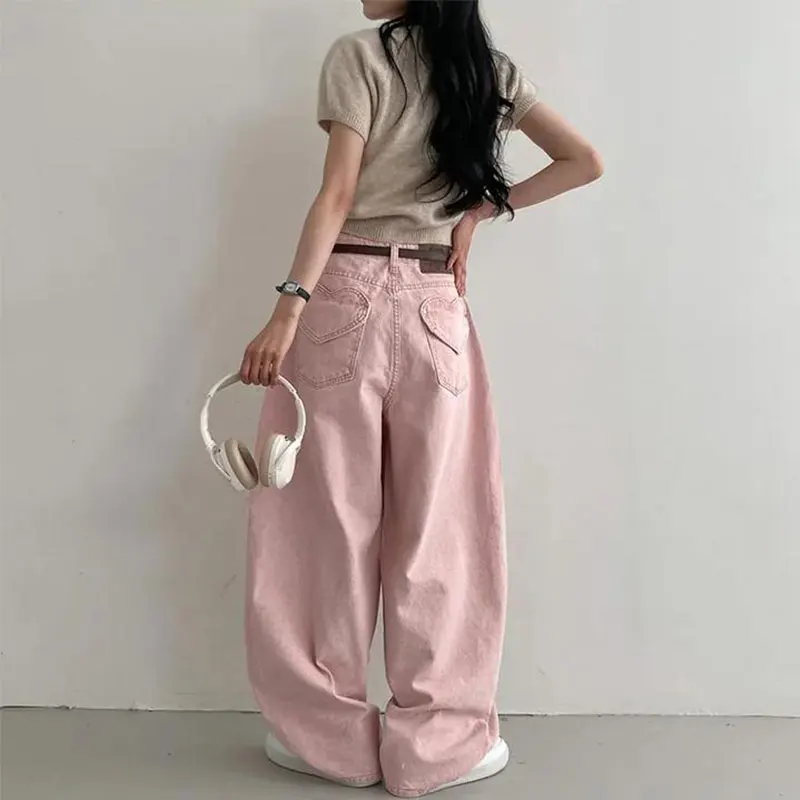 하이웨이스트 와이드 레그 데님 진 여성 루즈핏 슬림핏 패셔너블 젊은 감각 롱 포켓 하트 디자인 캐주얼 바지