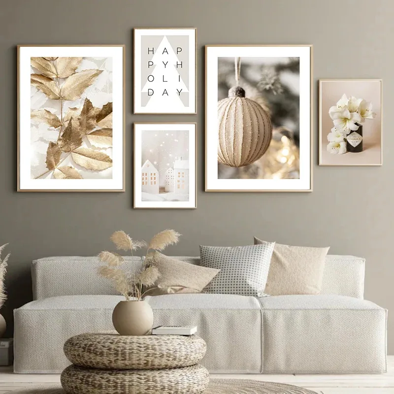 أوراق ذهبية الجن الحلي زهرة شجرة عيد الميلاد عطلة سعيدة الملصقات يطبع قماش اللوحة معرض جدار الفن ديكور غرفة المنزل