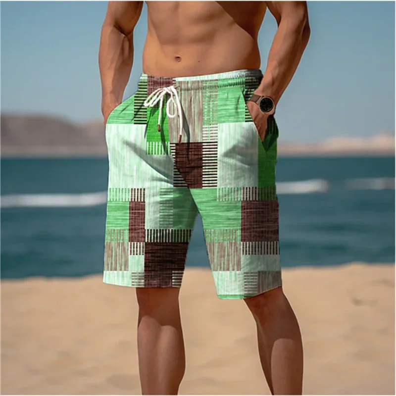 

Classic and Retro Patchwork Pattern Beach Shorts for Men, Fashionable and Casual Summer, 3D Fake Fabric Printed Swimming Trunks,