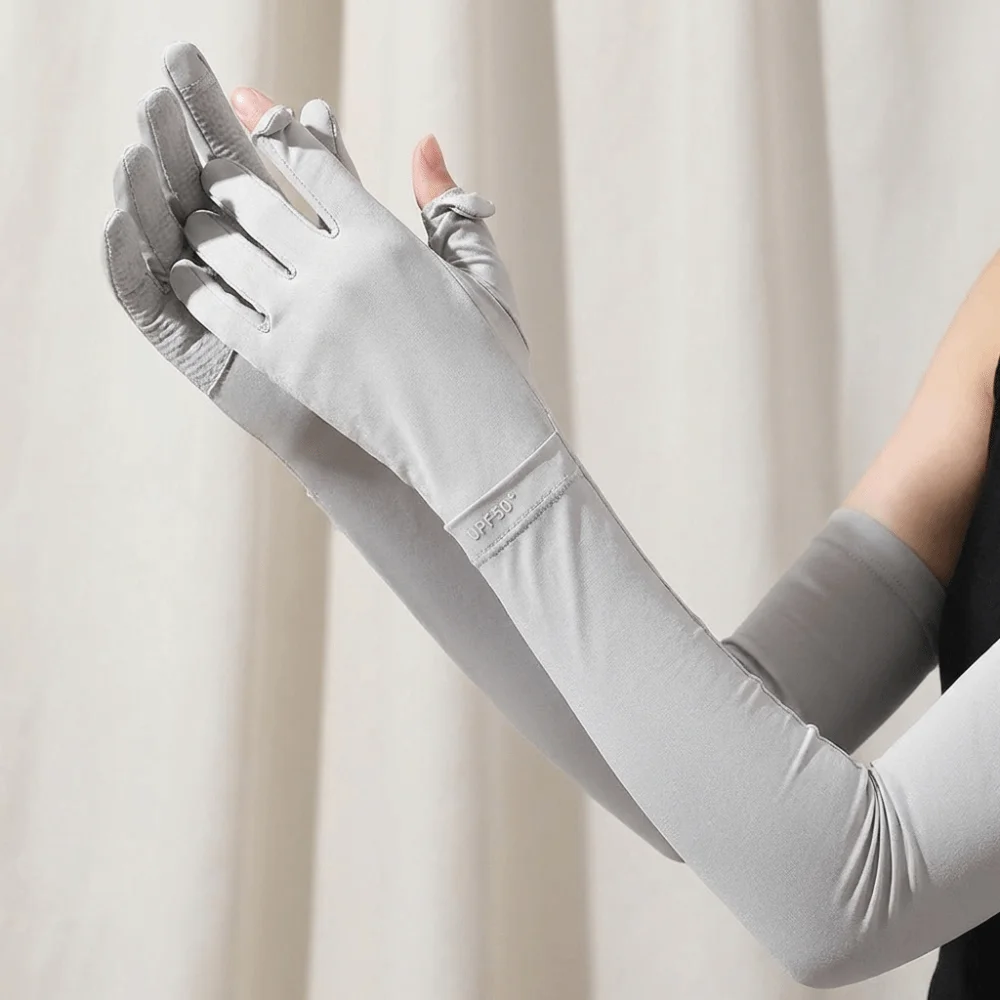 

Fashion Solid Color Long Sleeve Sun Protection Non-slip Ice Silk Arm Sleeve Flip Cooling Sunscreen Sleeve Gloves Driving