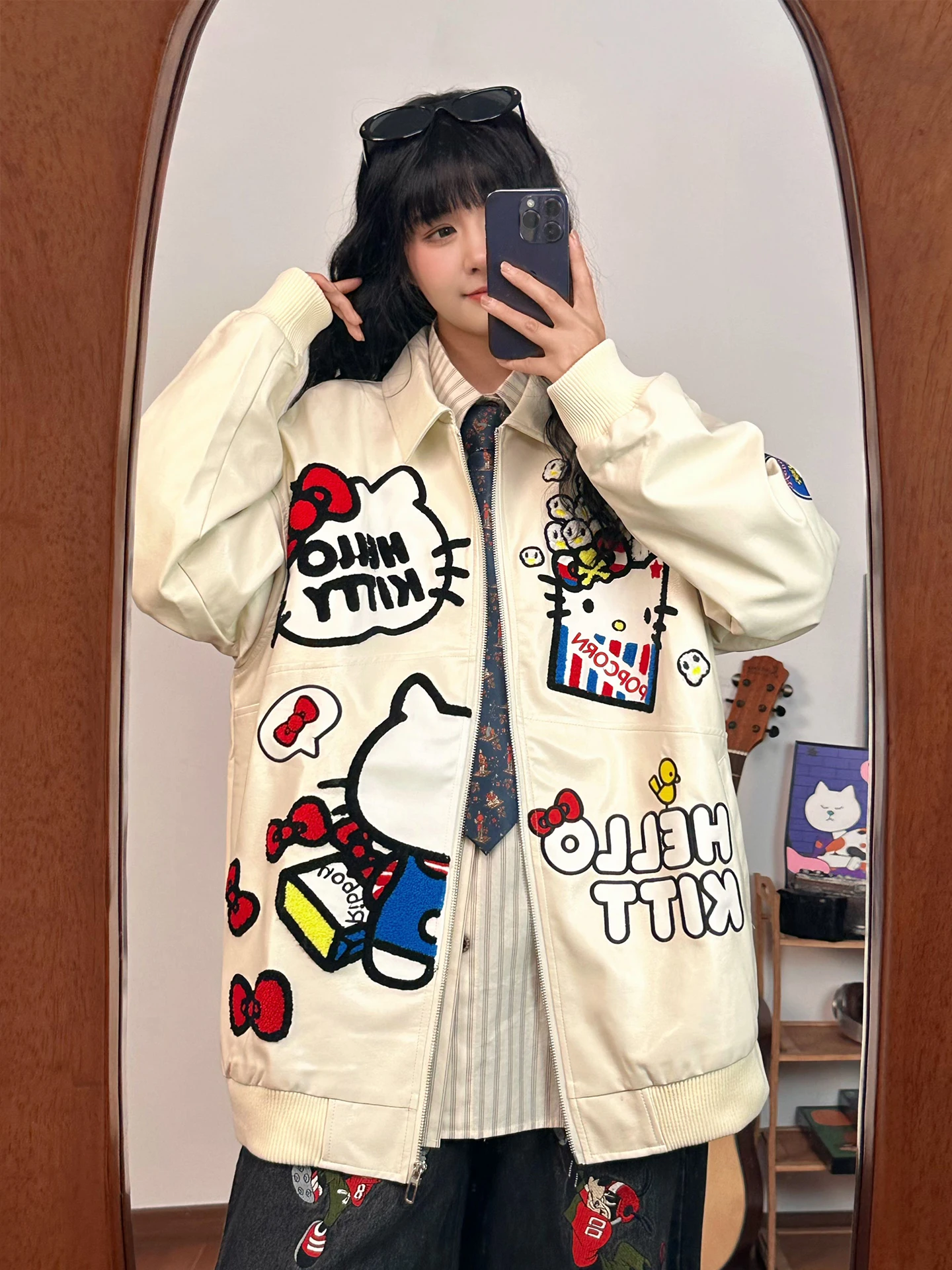 オリジナルアメリカン Sle 漫画刺繍 PU レザー Jaet 女性ルーズカレッジ Sle トップトレンディなブランドストリートウェアアウターウェア