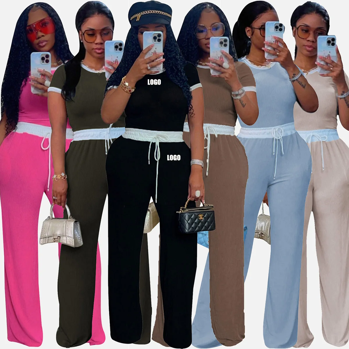 

Custom LOGO women's casual street rib contrasting color round neck short-sleeved trousers two-piece set