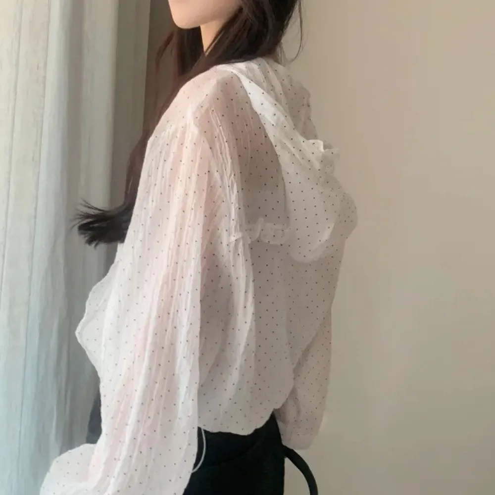 Casual Polka Dot Sun Protection Jacket Loose Fit Thin Hooded Jacket Breathable Long Bubble Sleeve Quick Dry Jacket