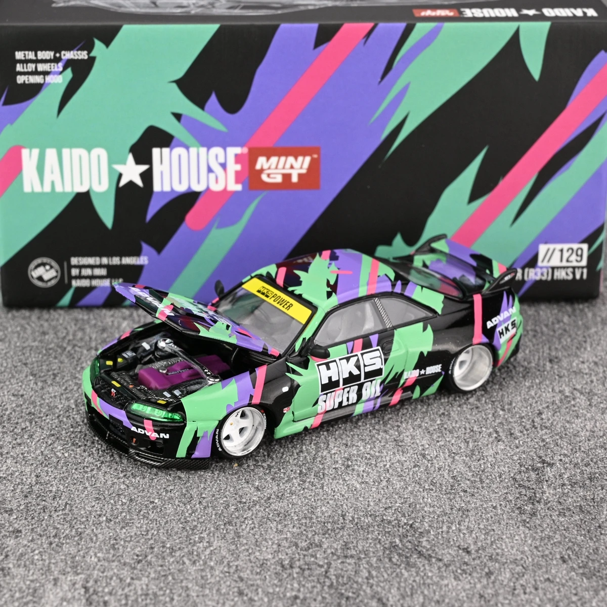 Kaido MINIGT 1:64 R33 Skyline HKS V1 symulacja edycja limitowana stop metalu statyczny model samochodu zabawka prezent