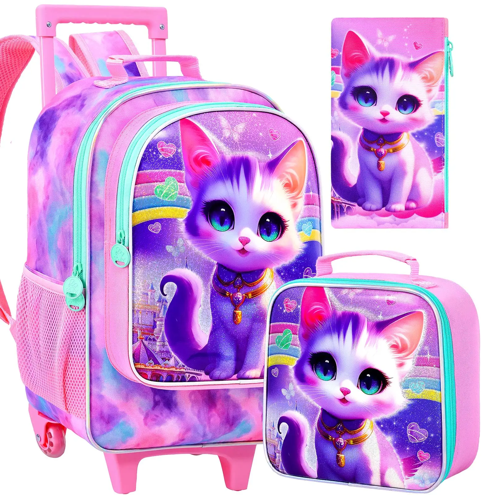 

3PCS Rolling Backpack for Girls Boys, Kids Roller Wheeled Bookbag with Lunch Box, Backpacks with Wheels for Elementary