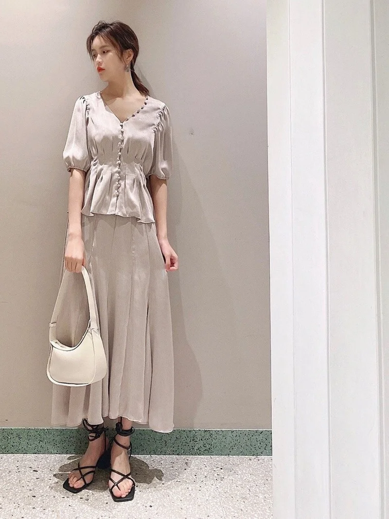 Kuzuwata Japanese Temperament V Neck Puff Short Sleeve Shirts Draped Irregular High Waist Skirts 2024 Spring Woman Clothing