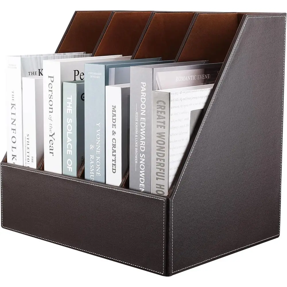 

Деревянная подставка для документов с 4 отделениями и кожаной отделкой, органайзер для стола, для хранения бумаг (коричневый)