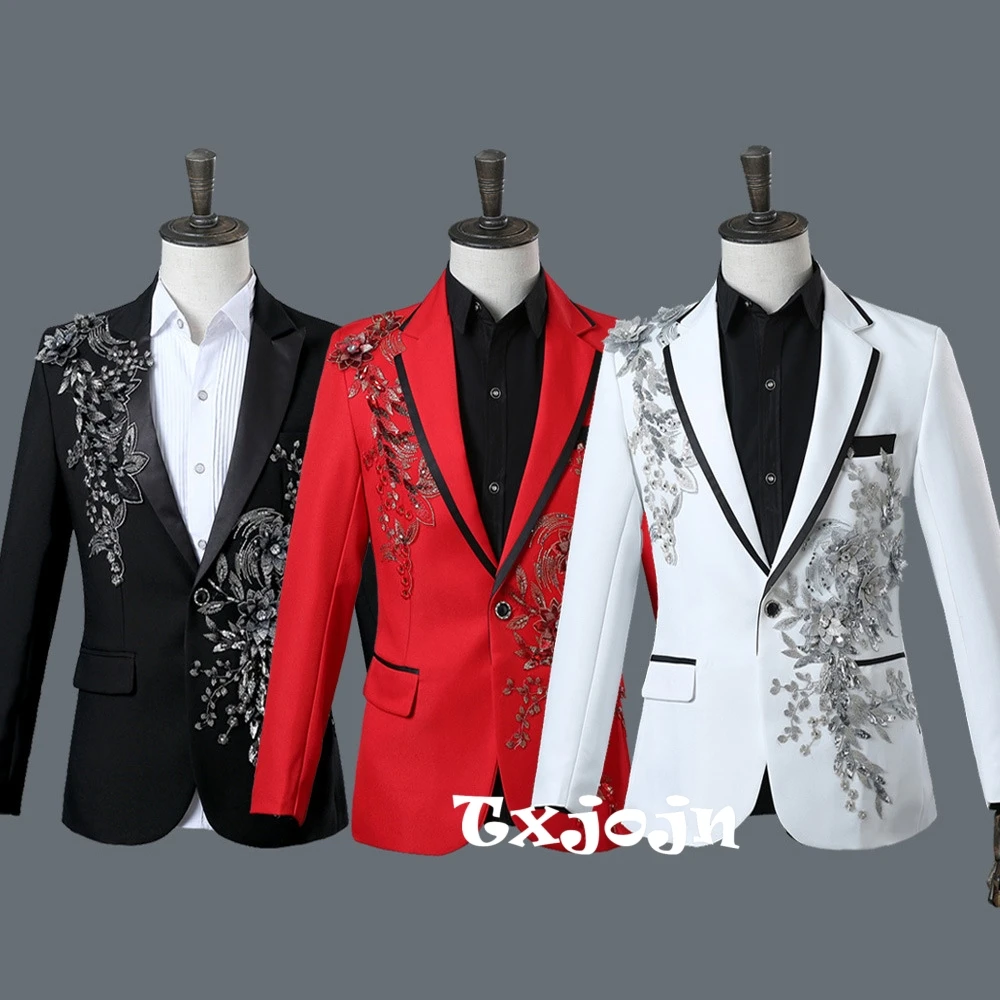 Exquisite Embroidery Beaded Suit Set 2 Pieces Dancing Wear Notched Lapel Handsome Men's Slim Fit Suits Wedding Party Tuxedo