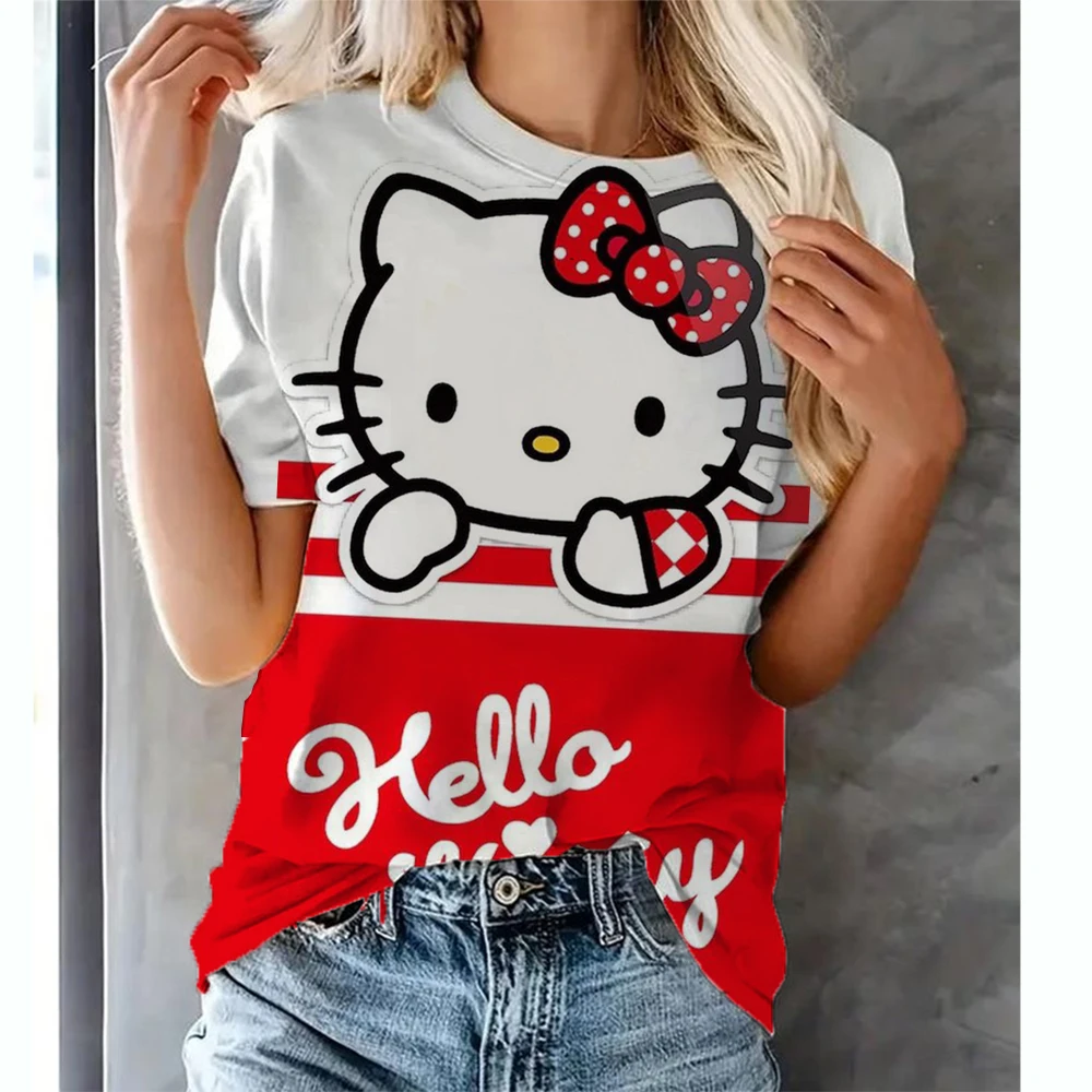 Hello Kitty Print Cute Shirt O-neck Top Kody Kitty Fashion Casual Women's Loose T-shirt 2024 New Discount Top Short Sleeve