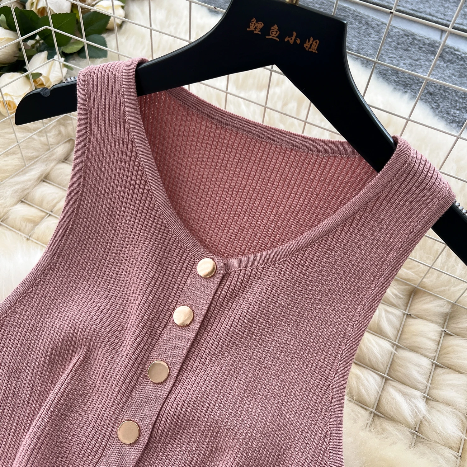 2025 New Women Chic Fashion With Golden Buttons Knitted Midi Dress O Neck Sleeveless Female Dresses Vestidos Mujer