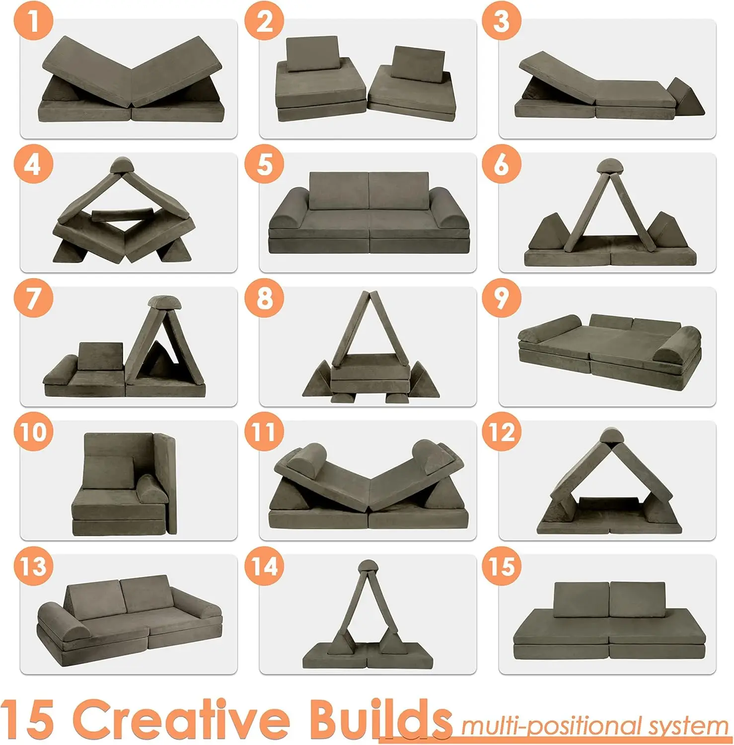 أريكة لعب معيارية كبيرة للأطفال، وسادة فورست إسفنجية، منزل دافئ باللون الرمادي الفحمي