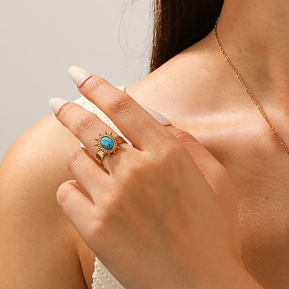 LAMENGLY 316L الفولاذ المقاوم للصدأ الأزرق الفيروز البطانة البيضاوي خمر نمط أقراط النساء العرقية نمط الأذن ترصيع مجوهرات مقاومة للماء #2