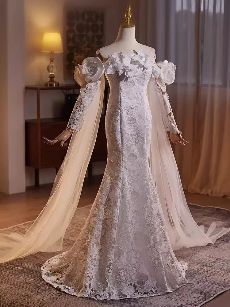 

Saudi Arabic Real Picture Lace Wedding Dresses Long Sleeve 2024 Off Shoulder Flower Mermaid Bride Bridal Gowns vestidos de novia