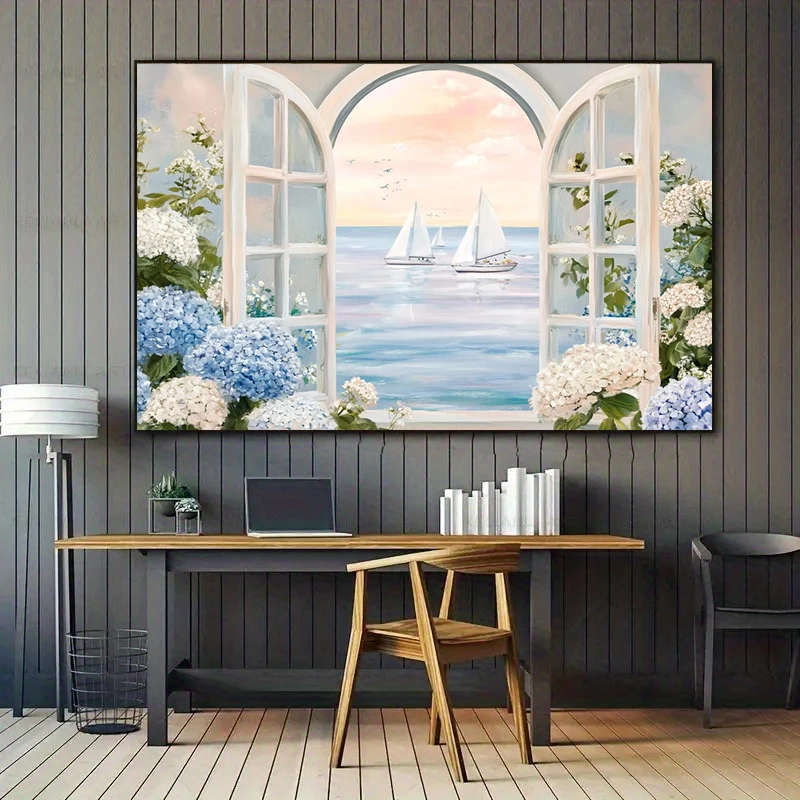 Art print coastal hydrangea: painting by the sea, sailboat, Modern Home Living Room, Cottage decor,In door Posters, No Frame