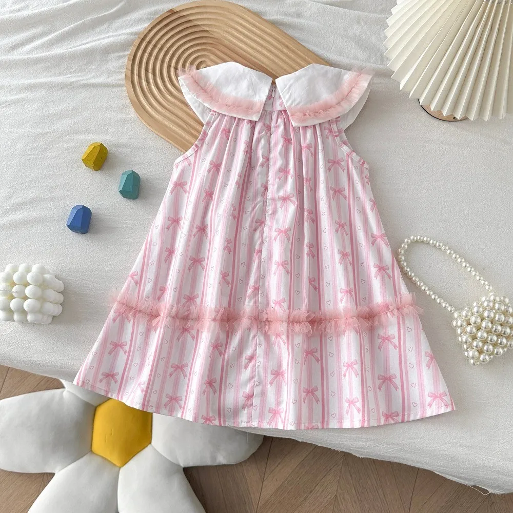 Summer Korean Version Pink Bow Print Sleeveless Round Neck Kids Dresses for Girls Lace Patchwork Sweet Princess Girls' Dresses