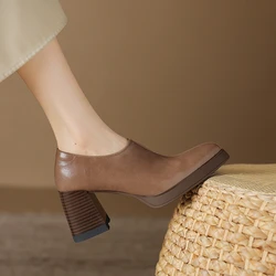 NEW Spring/Autumn Women Pumps Split Leather Shoes for Women Pointed Toe Chunky Heel Shoes Concise Zipper Platform Modern Shoes