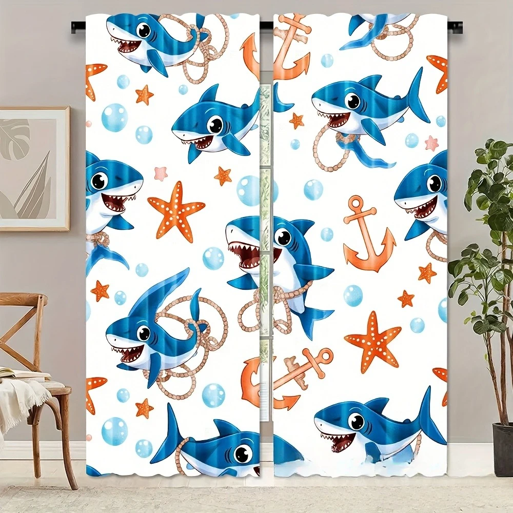 2pc Adorable shark anchor starfish bubble pattern curtains, suitable for bedroom, office, living room décor Machine washable