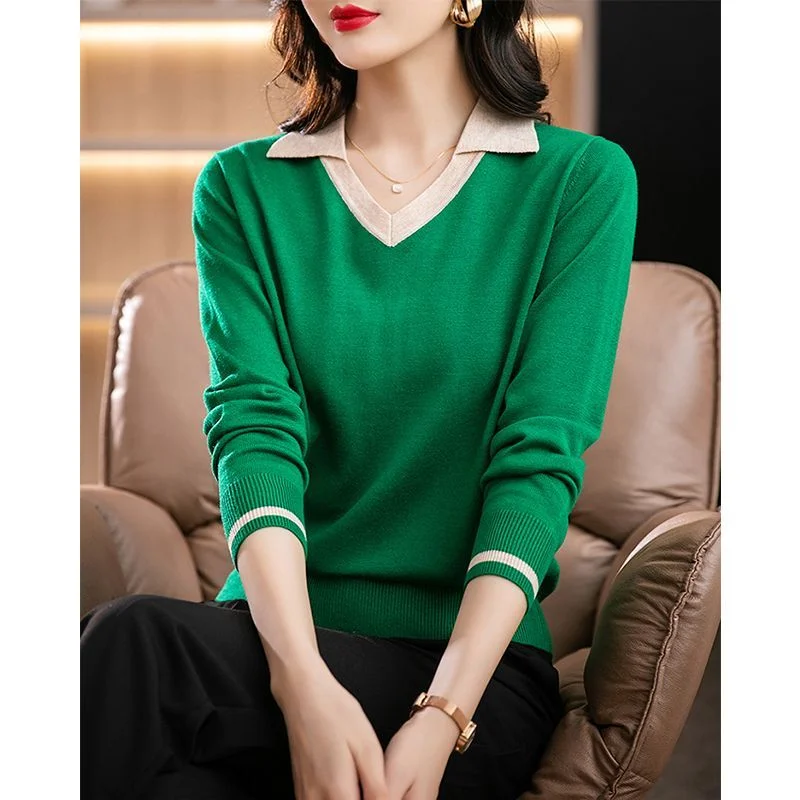 

Pure Cotton Top Women's POLO Lapel Knitted Inner Bottoming Autumn and Winter New Style Sweater