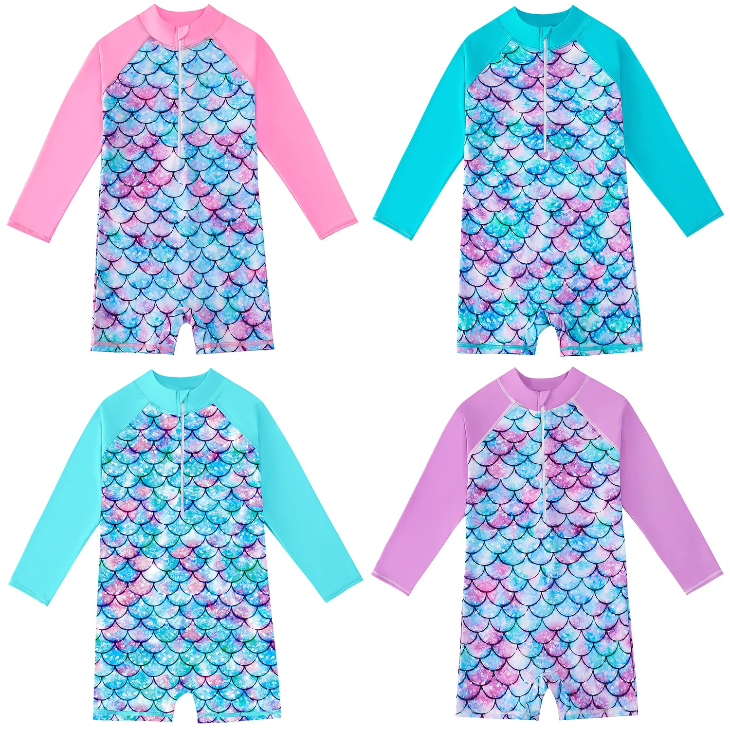 Kids Summer Swimsuit Long Sleeve Mermaid One Piece Swimwear UV Protection Surf Suit for Girls