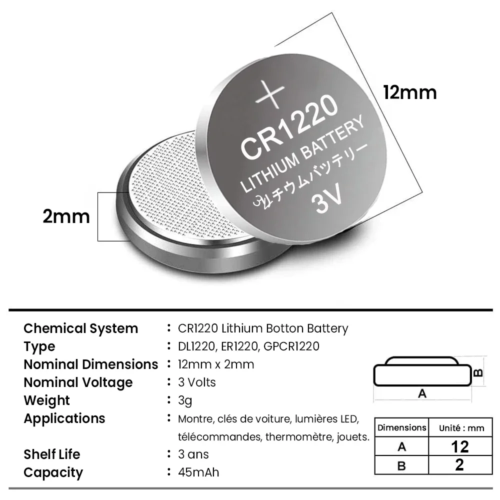 5pcs CR1220 CR 1220 LM1220 BR1220 KCR1220 3V Lithium Battery For Toy Watch Scale Calculator Car Remote Control Button Coin Cell