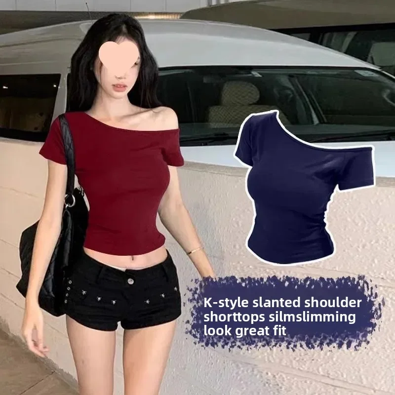 

NICE Summer Pure Color Shoulder Bared Short Sleeve T Shirt Women's Design Sensation Spicy Girl Cross Border Direct Sale Top