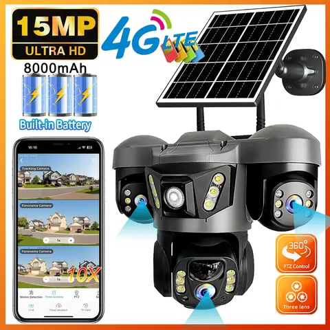 야외용 태양광 카메라, 양방향 오디오, IP66 방수, 내장 배터리 보안 CCTV, HD 4G 네트워크 카메라, V380 Pro, 15 MP, 3 렌즈