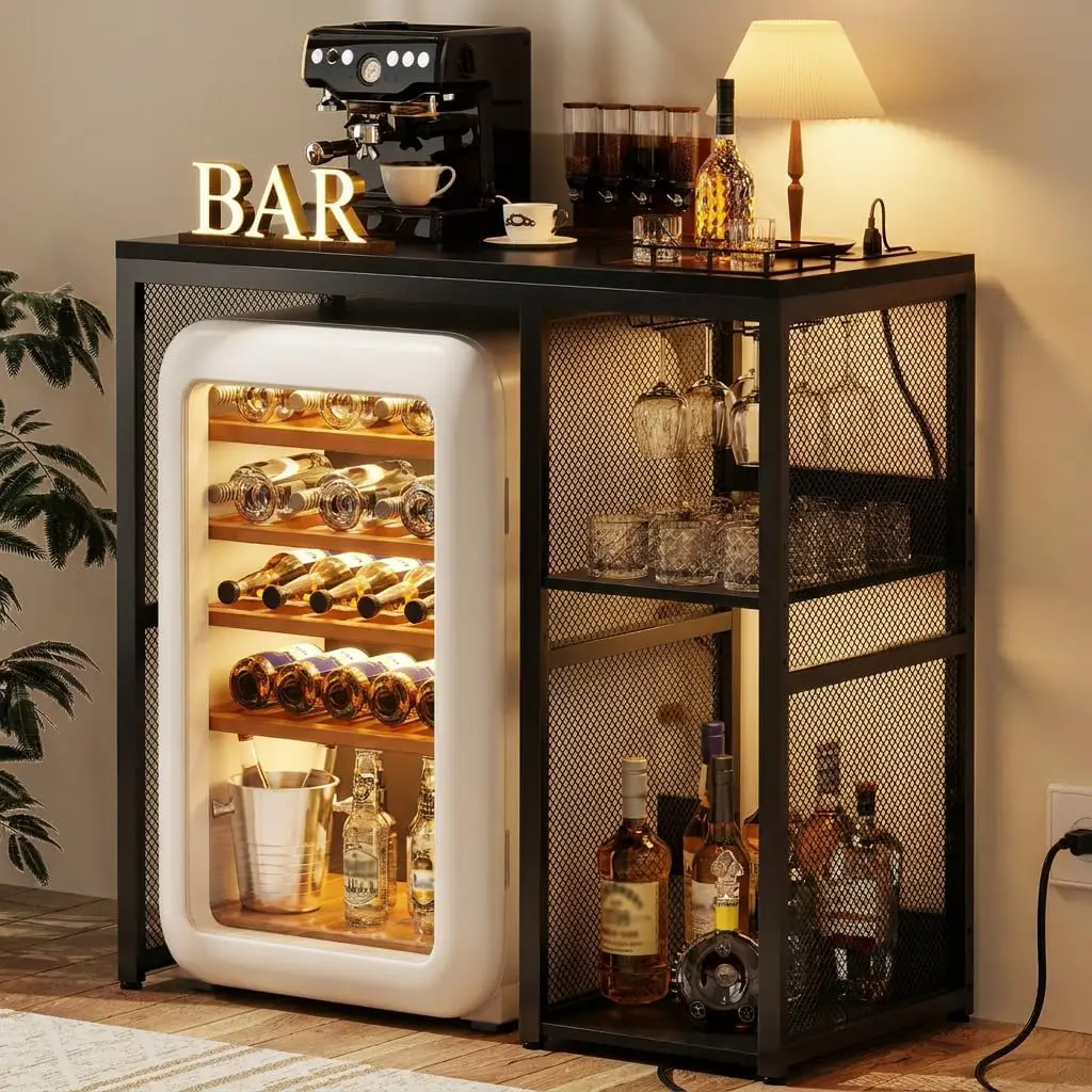 Mini Fridge Cabinet with Power Outlet, Coffee Bar Cabinet, Black | Mini Fridge Space, Industrial Liquor Cabinet with Wine Storag