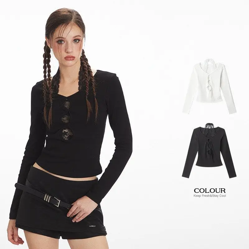 

HeyHenry, длинный висячий топ с кружевной отделкой Sve Ne, однотонная облегающая женская футболка, трикотаж из смеси хлопка для пикантных девушек