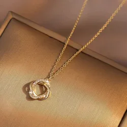 Möbius Ring Necklace for Women Inlaid Rhinestone Necklaces Minimalist Dainty Double Circle Pendant Necklace on The Neck Jewelry