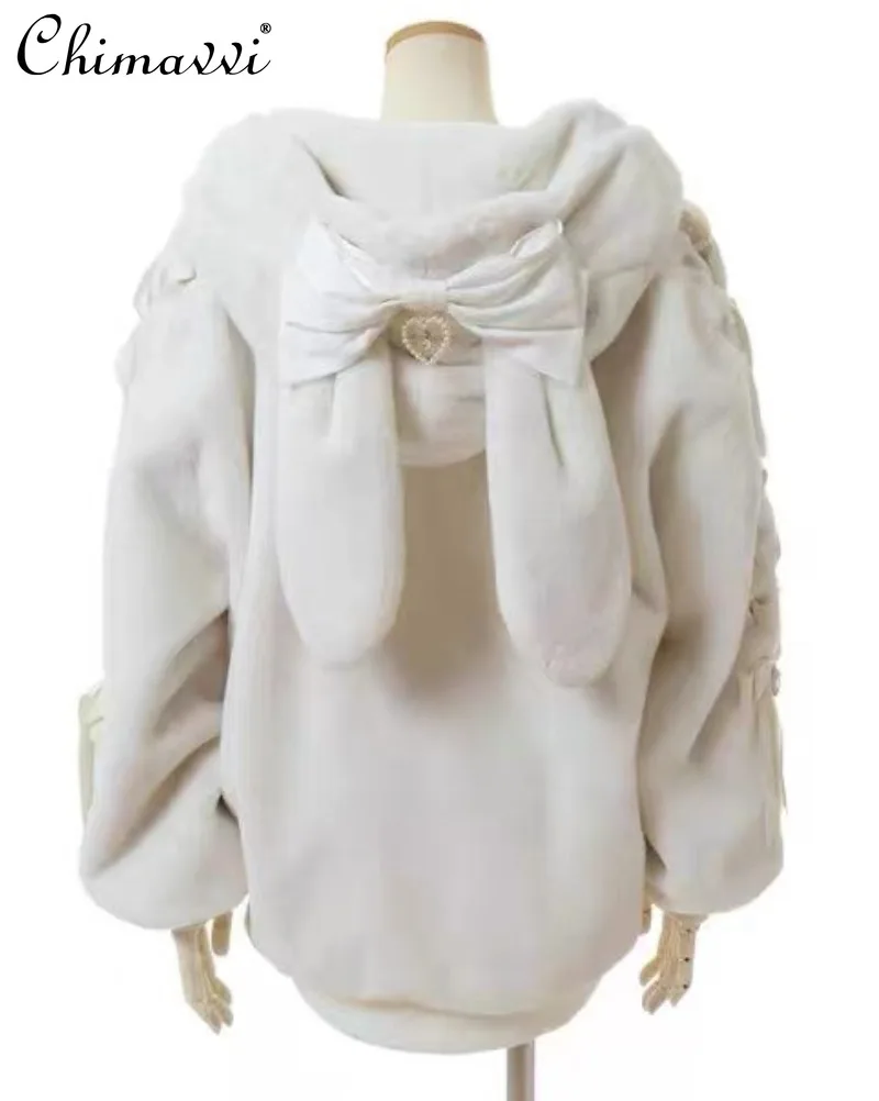 

Autumn and Winter Japanese Mass-produced Thickened Faux Rabbit Fur Rabbit Ear Warm Coat Sweet Girls Women Elegant Lolita Jacket