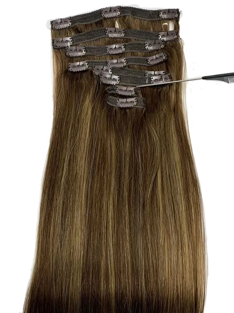 Extensiones de cabello humano con Clip, 8 unids/set, 8 unids/set/juego #4/27, Color de resaltado, pelo Remy de 8-26 pulgadas, 120G