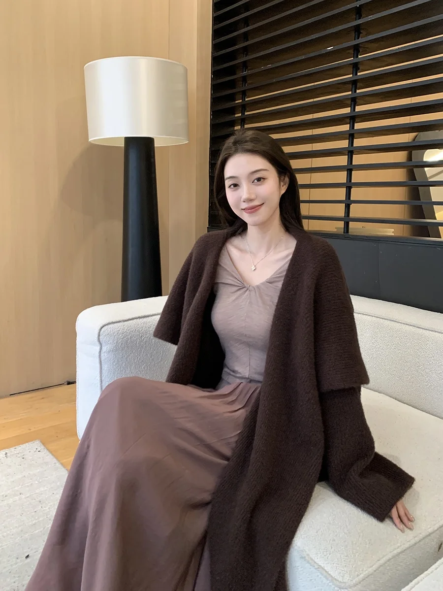 

WizAann Lazy Sle Loose Slimming Brown Knitted Open Cardigan Women's Soft Skin-friendly Color Outerwear