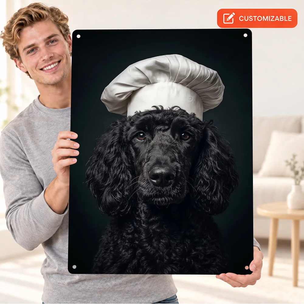Black Poodle Wearing Chef Hat Textured Metal Poster Retro Bold Design Home Office Wall Art Personalized Aluminum Sign Fan Gift